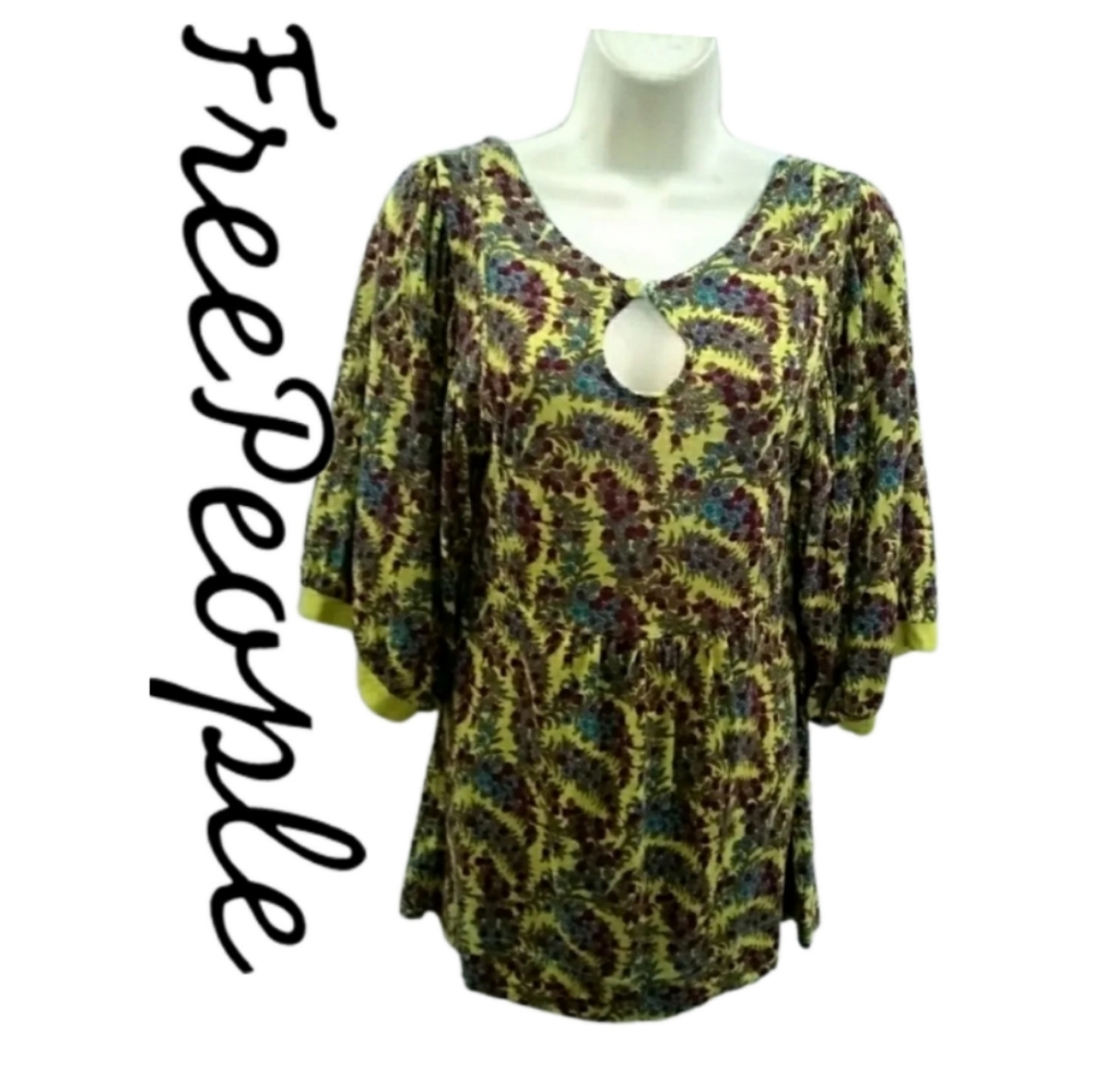 FREE PEOPLE FLORAL PRINT IRIDESCENT PEASANT TOP